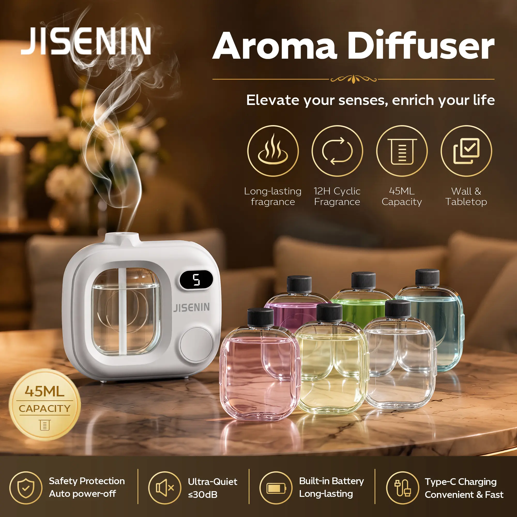 JISENIN Portable Rechargeable Aroma Diffuser for Home Office Travel, Essential Oil Diffuser with 5 Spray Modes & Quiet Mist