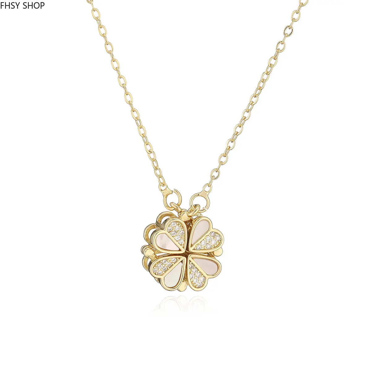 FHSY SHOP Women's Dainty Rotatable Clover Necklace - Magnetic Heart-to-Clover Design, Metal Plated Gold Pendant with Mother of Pearl & Crystals, Stackable Meaningful Gift, Clover Shape