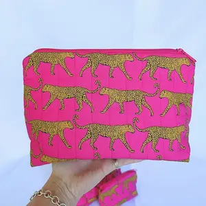 Juno Makeup Bag - Handmade Quilted Leopard Print Makeup Bag with Zipper & Handle – Bold, Pink Cosmetic Storage, Matching Set Available