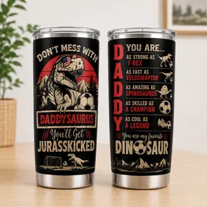Daddysaurus Soccer Dad Tumbler, Funny Dinosaur Dad 20oz Skinny Tumbler, Soccer Dad Gift, Patriotic Sports Travel Mug, Father Day Gift