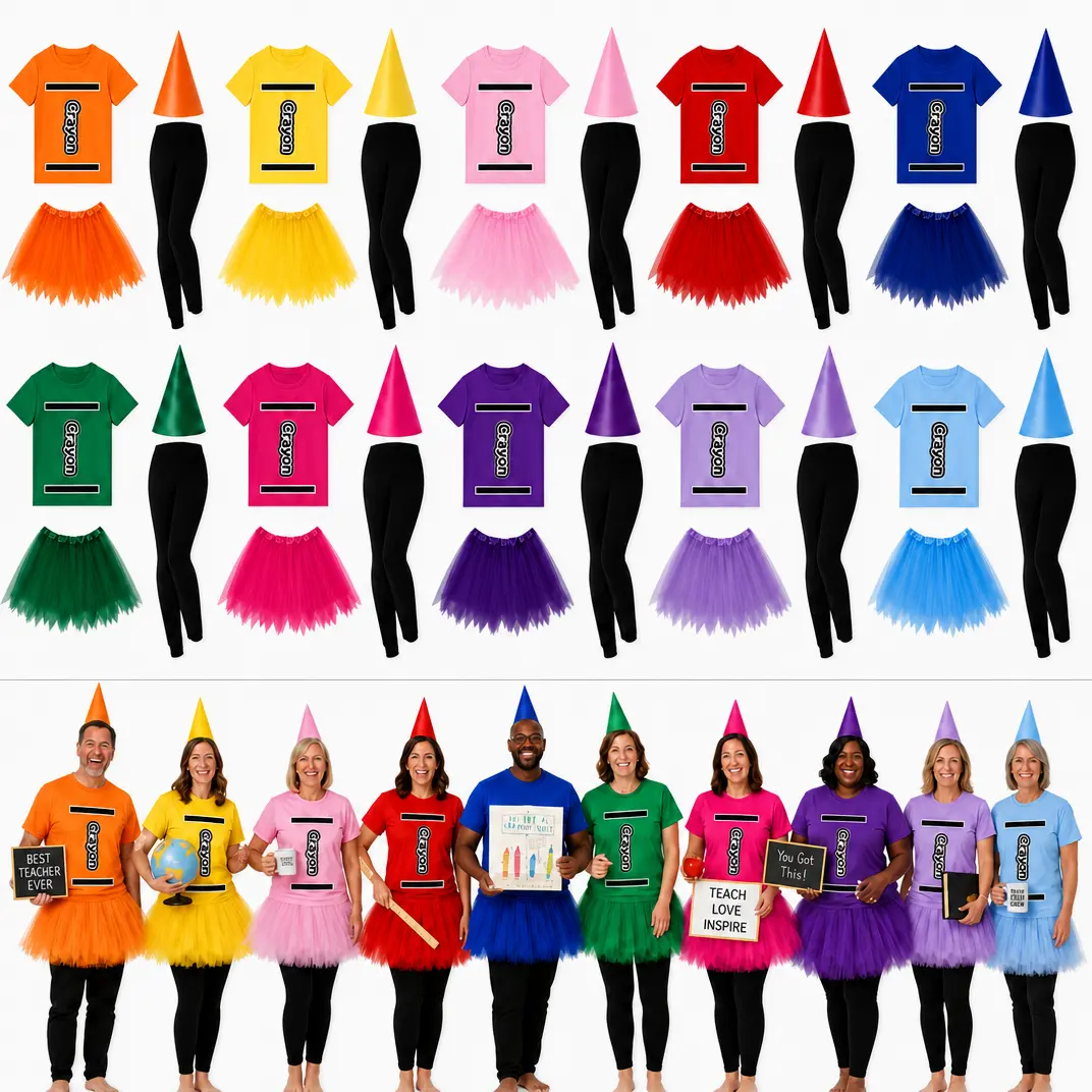 Back to School 4 Pcs Halloween Group Crayon Costume Set for Teacher Woman, Colorful Crayon T Shirt, Tutu Skirt, Gnome Hat, Leggings, Halloween Outfit for Bestie Halloween Party for Book Character Day Spirit Week Trick or Treat Photo Props Cosplay Costume