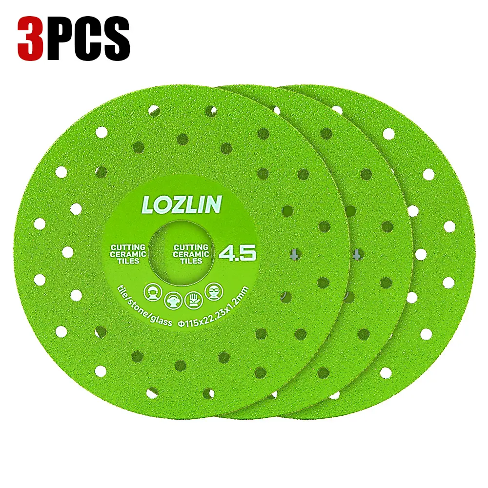LOZLIN 3PCS 4-1/2" Ultra-Thin Diamond Cutting Blades, Perforated Saw Discs for Porcelain, Ceramic Tile, Glass, Granite and Marble, 7/8" Arbor, Fits Angle Grinders