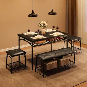 Black Dining Table with Benches, Kitchen Table Set for 4, Dining Room Table Set with Upholstered Bench and Square Stools, Metal and Wood Dining Table Set for 4 with Storage for Small Space-Black