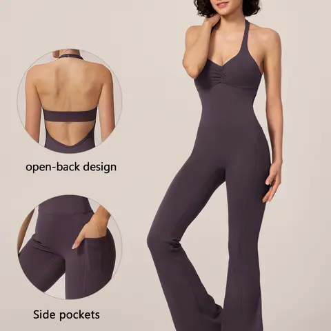 TimeOFF Women's Halter Neck Solid Color Nylon Sculpting Jumpsuit - Sleeveless, Folded Chest, Butt-Lifting Design, Flared Legs, Stretchy, Cutout Vent, All Seasons Sports Jumpsuits for Yoga, Gym