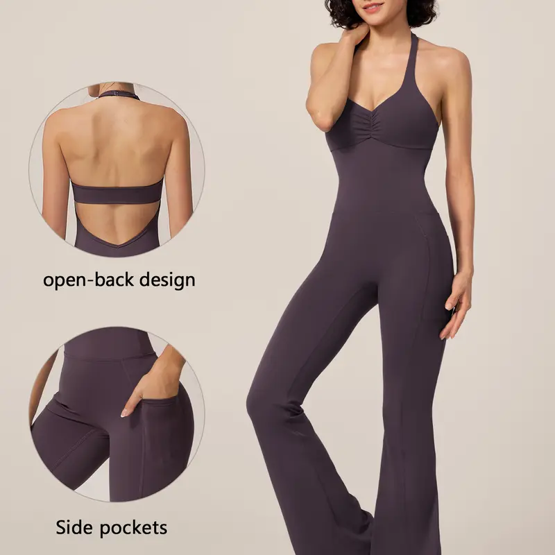 TimeOFF Women's Halter Neck Solid Color Nylon Sculpting Jumpsuit - Sleeveless, Folded Chest, Butt-Lifting Design, Flared Legs, Stretchy, Cutout Vent, All Seasons Sports Jumpsuits for Yoga, Gym