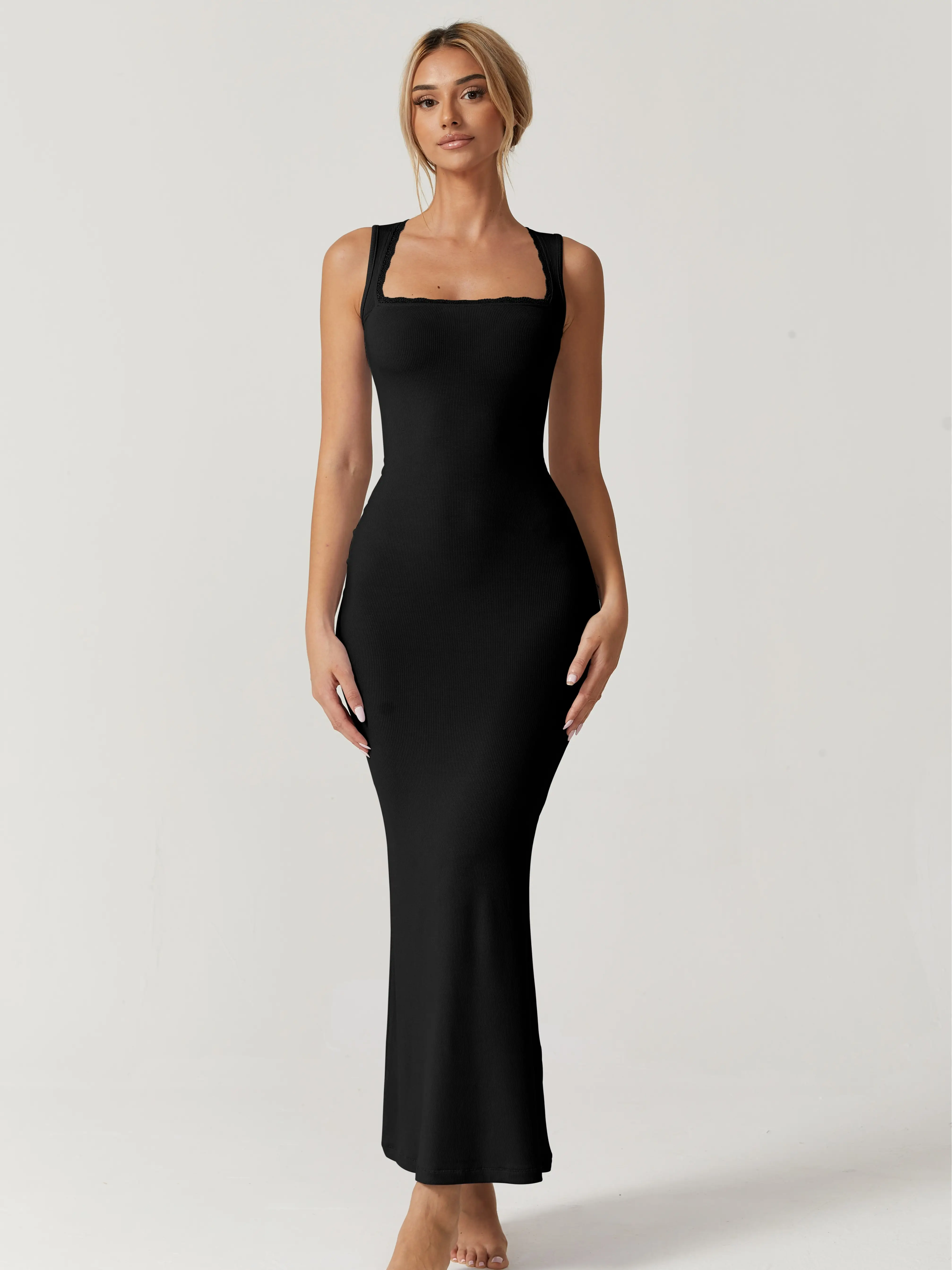 QINSEN Women's Square Neck with Lace Detail Long Maxi Dress Sleeveless Lounge Ribbed Full Length Dresses Casual Comfortable