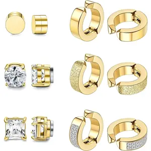 FINREZIO 6 Pairs Golden Elegant 316L Stainless Steel Earrings for Women Men Shining CZ Magnetic Stud Earrings Hoop Earrings Hypoallergenic Clip on Non-Piercing Earrings Set