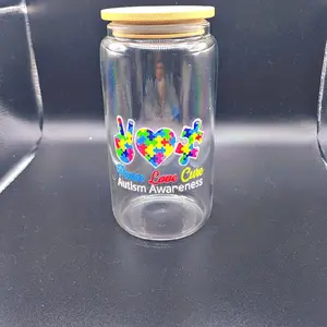 Autism Awareness Peace Love Cure 16 oz Glass Tumbler with Bamboo Lid & Cleaning Brush for Awareness Campaigns