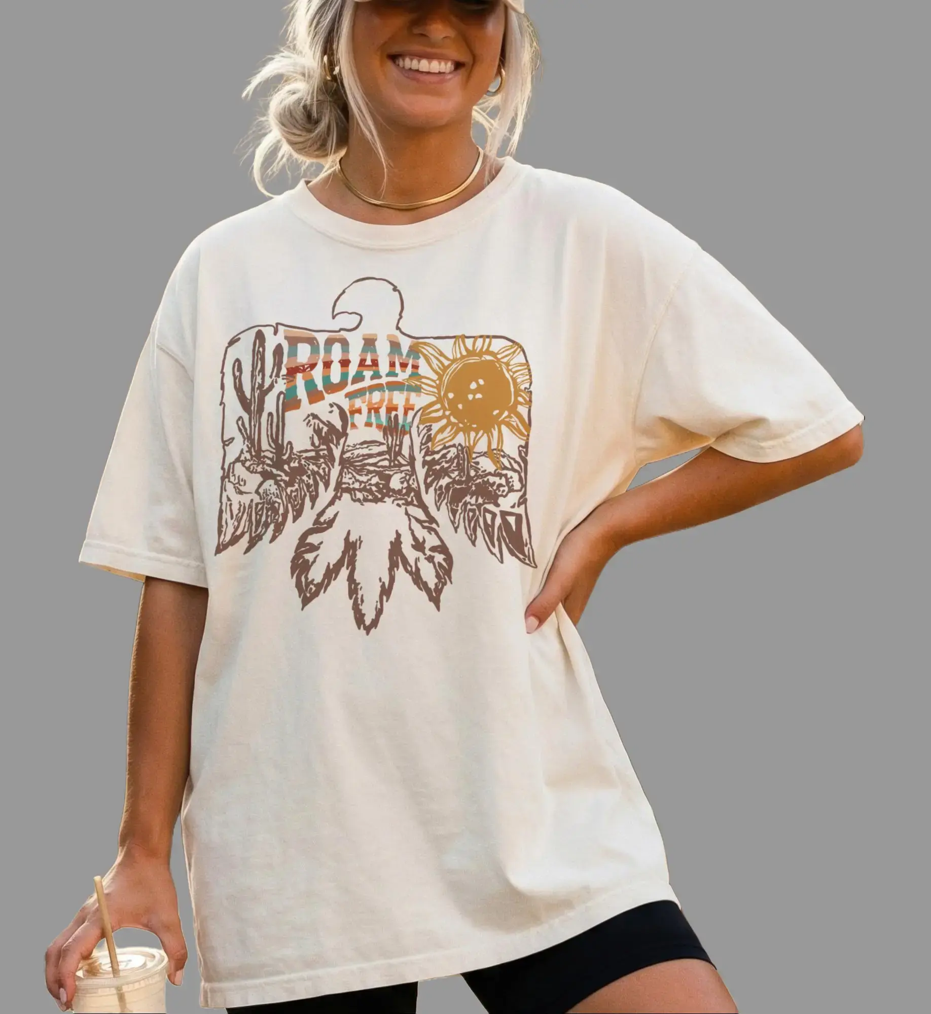 Vintage Thunderbird Graphic Sweatshirt Boho Southwestern Retro Western Free Bird Sweatshirt Roam Free Bird Tshirt Womens Casual Tshirt Boho Thunderbird Shirt