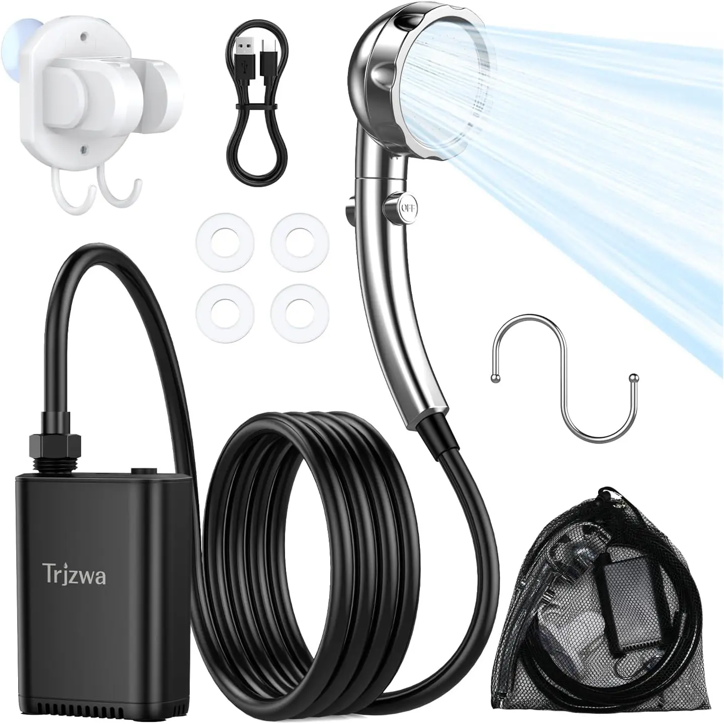 Portable Outdoor Shower, 2600mAh Battery Powered Camping Shower, Rechargeable Shower Pump with Adjustable Shower Head for Outdoor Shower Camp,Hiking Beach,Travel,Car Washing,Pet Bath,Garden