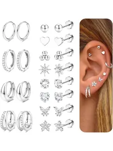 12Pairs Flat Back Earrings for Women Hypoallergenic Steel Earrings for Sensitive Ears Hoop Stud Earring Cartilage Tragus Piercings
