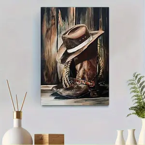 1pc Cowboy Boots and Hat with Rope Canvas Art Print -(Framed Frameless Poster Optional), High-Quality Vintage Western Wall Decor for Home Office, Living Room, Bedroom - Modern Elegant Design, Cowboy Accessories