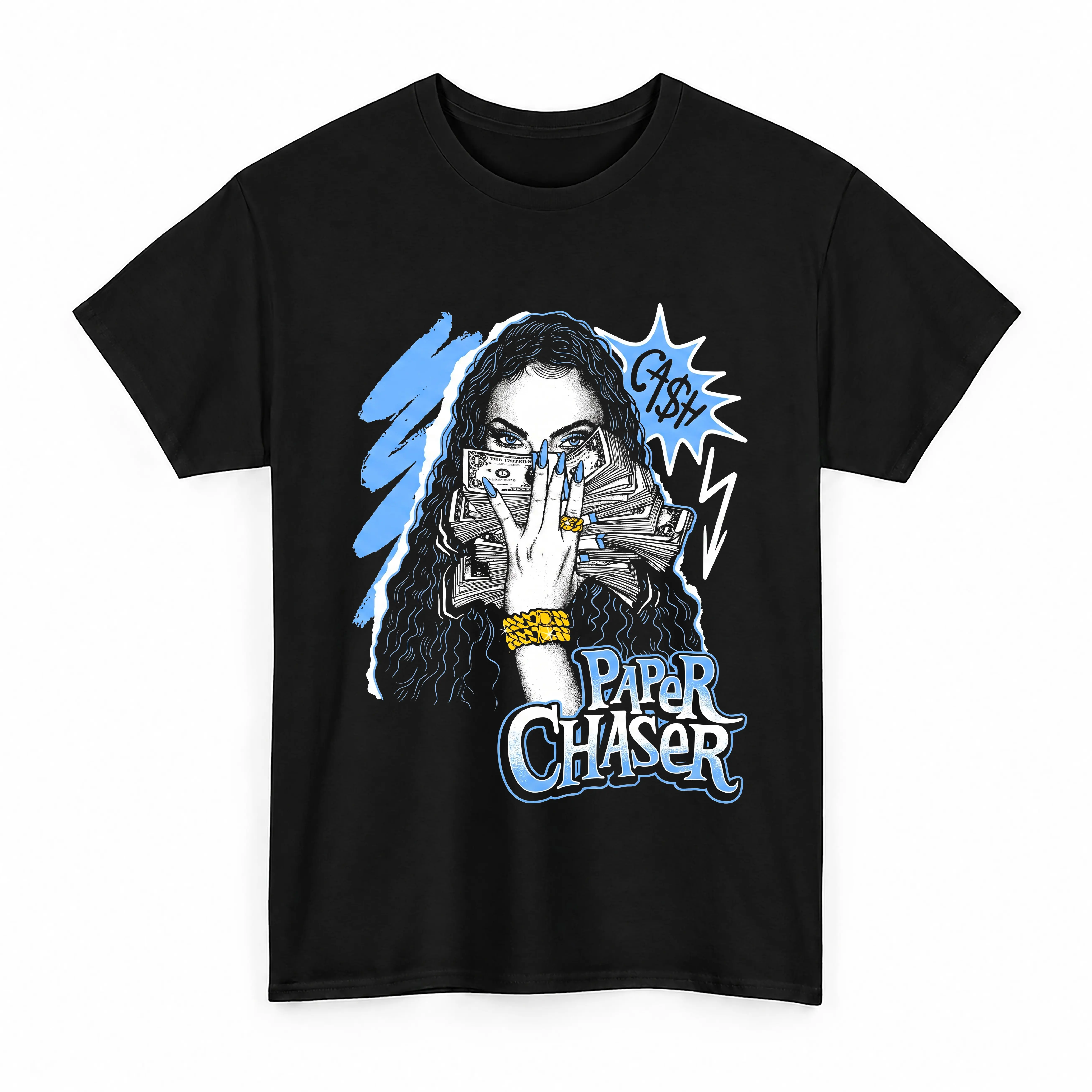 Paper Chaser Graphic Tee Light Blue Cash Hustle Streetwear Shirt Match Sneakers