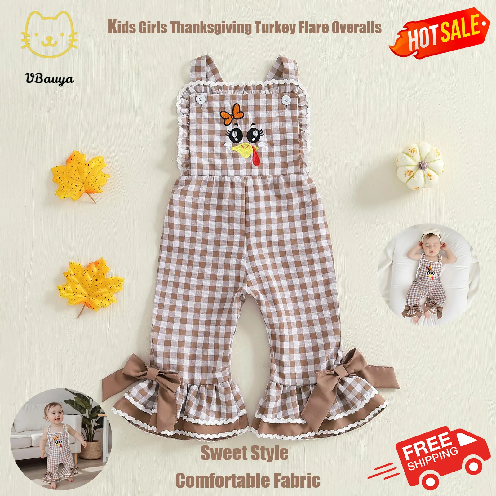 Baby & Toddler Girls' Thanksgiving Jumpsuit, Turkey Embroidered Overalls with Plaid Ruffle Straps and Flare Pants, One Piece Jumpsuits