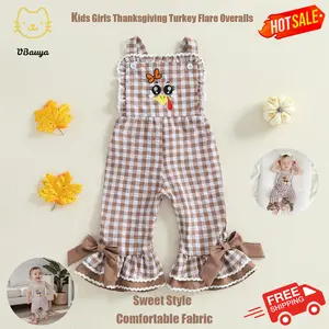 Kids Girls Overalls, Plaid Embroidery Turkey Flare Pants Thanksgiving Clothes for Casual Daily