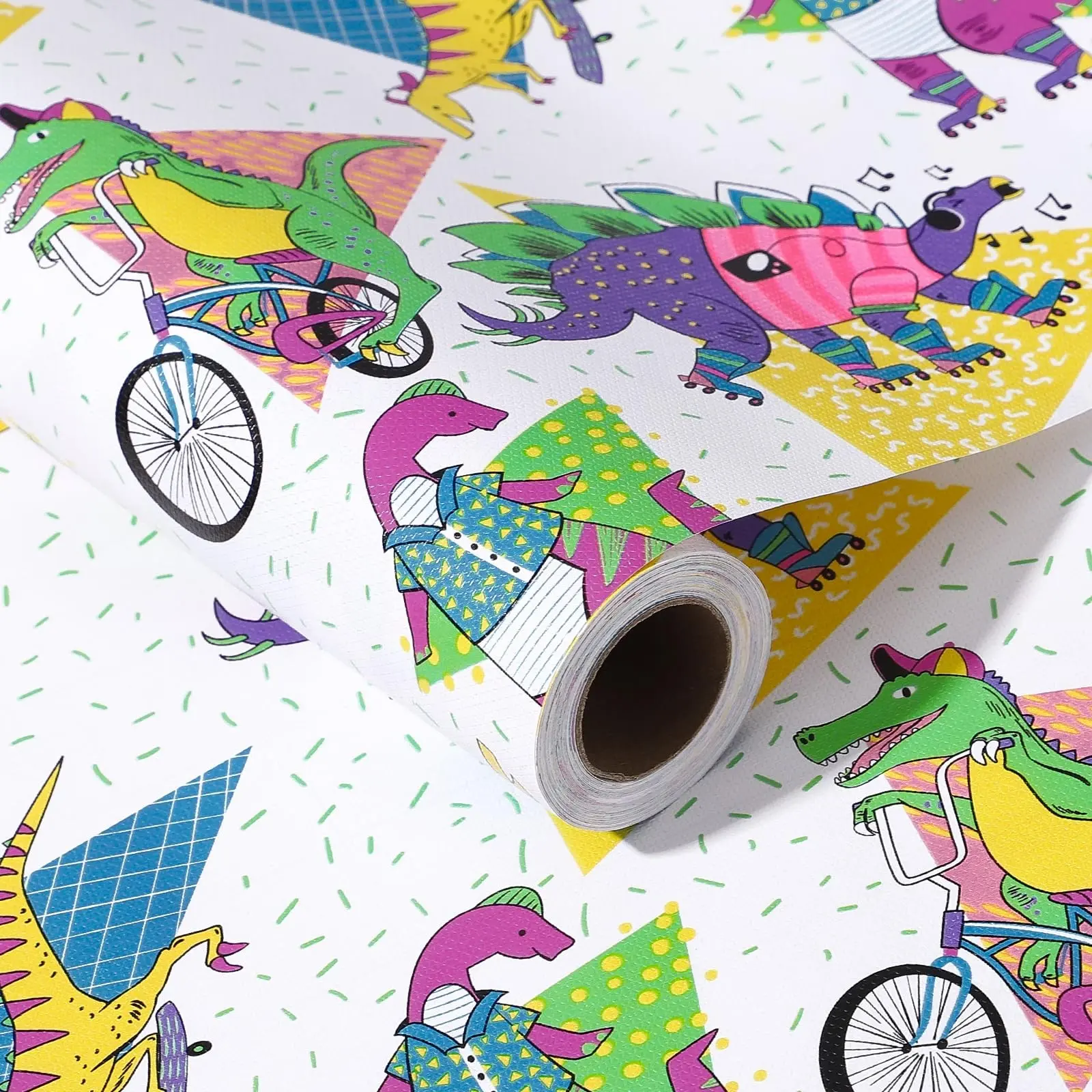 Dinosaur Theme Gift Wrapping Paper Roll, Colorful Cartoon Dinosaur Pattern, Ideal for Boy's Birthday Party, 43.2cm X 1000cm