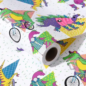 Dinosaur Theme Gift Wrap Paper Roll, Colorful Cartoon Dinosaur Pattern, Ideal for Boy's Birthday Party, 43.2cm X 1000cm