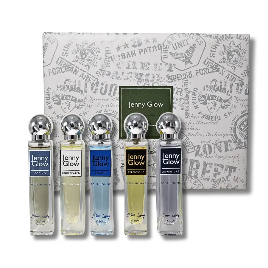 Jenny Glow 5-Piece Woody Fragrance Set - Travel Size 1.0fl.oz Eau de Parfum Perfume Sample Multi-Pack (CODING, UNDEFEATED, SAVAGE, FEROCIOUS, ADVENTURE Scents), Fragrance Sets