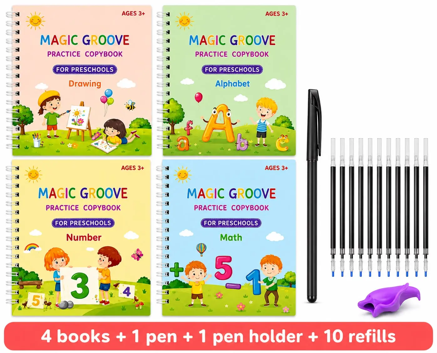 Kids Magic Groove Reusable Handwriting Workbook Set - 4 Copybooks, 1 Ergonomic Pen, 6 Ink Refills, 1 Random-Color Pen Grip, Montessori Tracing Tool, Ages 3-8 Fine Motor Skills Activity, Back to School Shopping, School Supplies Haul