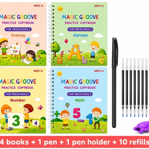 Kids Magic Groove Reusable Handwriting Workbook Set - 4 Books, 1 Ergonomic Writing Pen, 10 Ink Refills, 1 Random Color Pen Grip, Montessori Alphabet Tracing Tool, Ages 3-8 Fine Motor Skills Activity, Back to School Haul, School Supplies