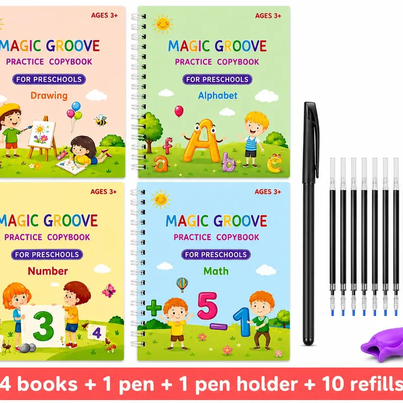 Kids Magic Groove Reusable Handwriting Workbook Set - 4 Books, 1 Ergonomic Writing Pen, 10 Ink Refills, 1 Random Color Pen Grip, Montessori Alphabet Tracing Tool, Ages 3-8 Fine Motor Skills Activity, Back to School Haul, School Supplies