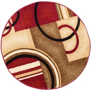 212 MAIN Stain-Resistant Synthetic Fiber Velvet Pile Round Rug, Round Shape, Jewel Tone Red, Geometric Arcs & Shapes, Modern Design, 3 ft 11 in, Jewel Tones
