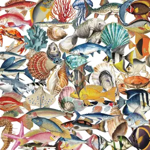 Marine Life Pattern Sticker (50pcs), Waterproof Self Adhesive Decor Paper, Decor Sticker for Gift Greeting Card Water Bottle Laptop Phone, Screen Protector