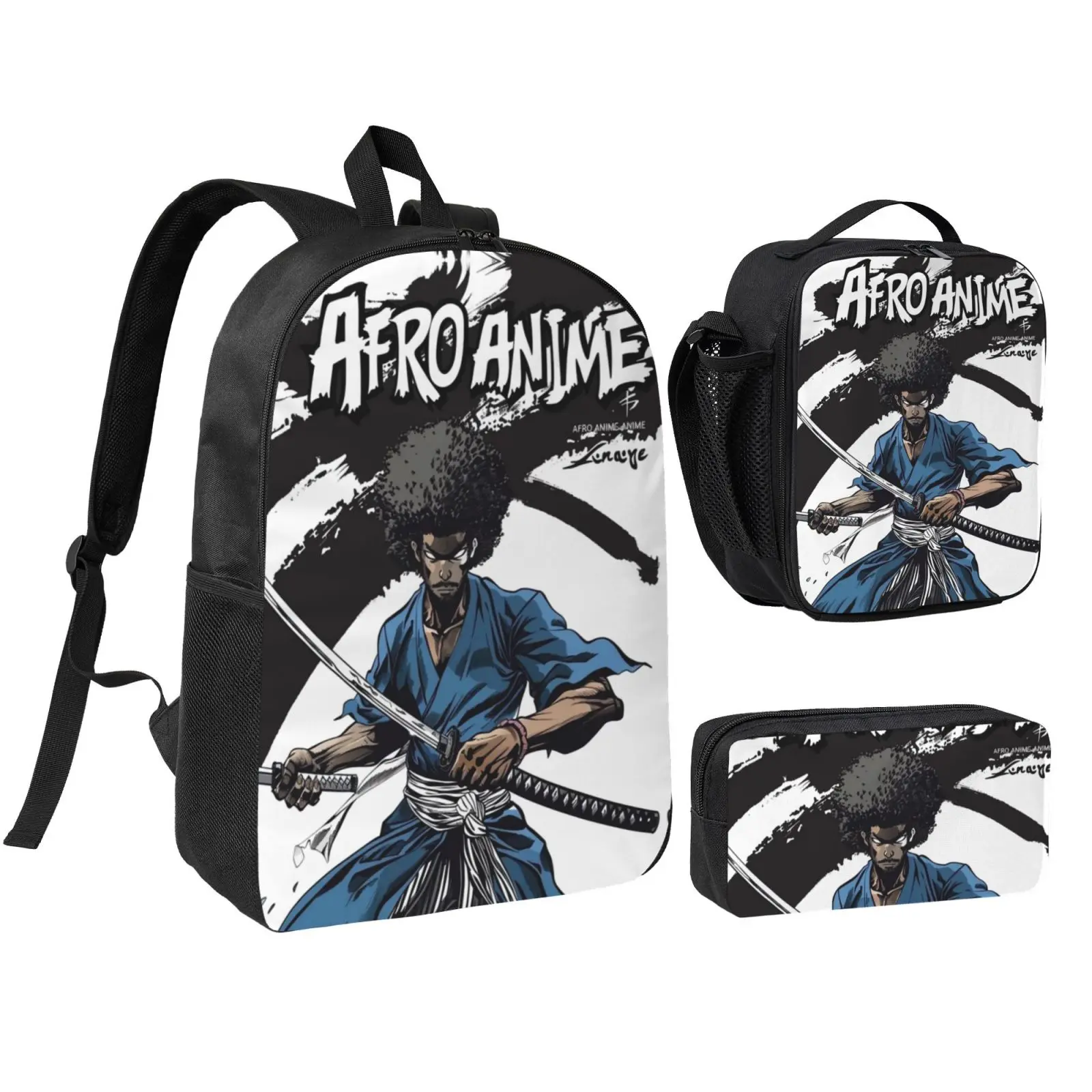 Cute Trend Afro samurai 3pcs Backpack Set of 3 Spanish Players 17Inch School Bag with Insulated Lunch Box & Lovely Afro Daypack for Work, Camping, Outdoor Sports Ideal Graduation, Birthday & Back to School Gift