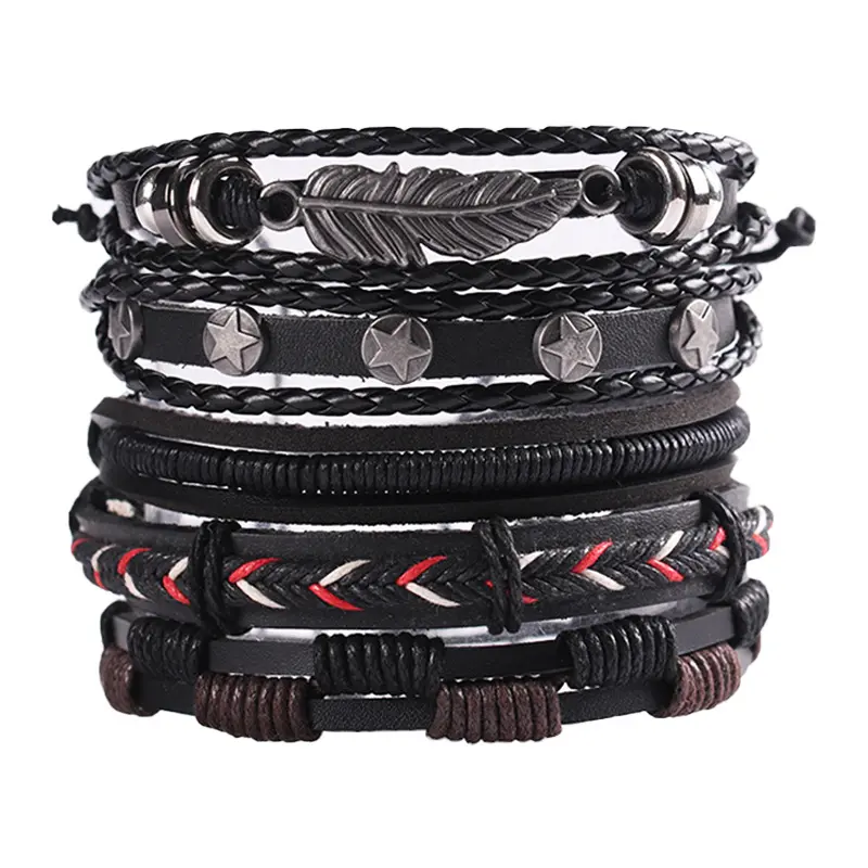 5pcs Pack Medieval Star Braided Leather Cuff Bracelets - Adjustable Boho Vintage Wristbands Suitable for Daily Wear & Medieval Events Bangle