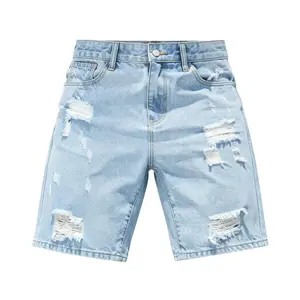 Men’s ripped mid-length denim shorts — vintage distressed street casual style, versatile straight cut