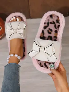 Women's Heart Embroidered Plush Flat Slippers, Fuzzy Warm Slippers, Soft Faux Fur Lining, Wide Strap Cozy Winter Shoes, Leopard Print Gift, Trendy Footwear, Ladies Slippers