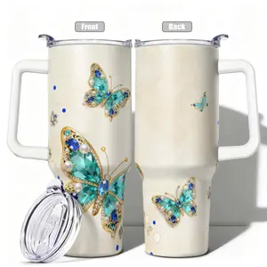 1pc, 40oz/30oz/20oz/14oz Stainless Steel Cup Elegant Turquoise Butterfly & Flower Jewel Adorned Double Wall Vacuum Insulated Double Layer Insulated Cup, Leakproof Lid & Carry Handle Travel Mug for Outdoor Camping Hiking, Insulated Travel Drinkware