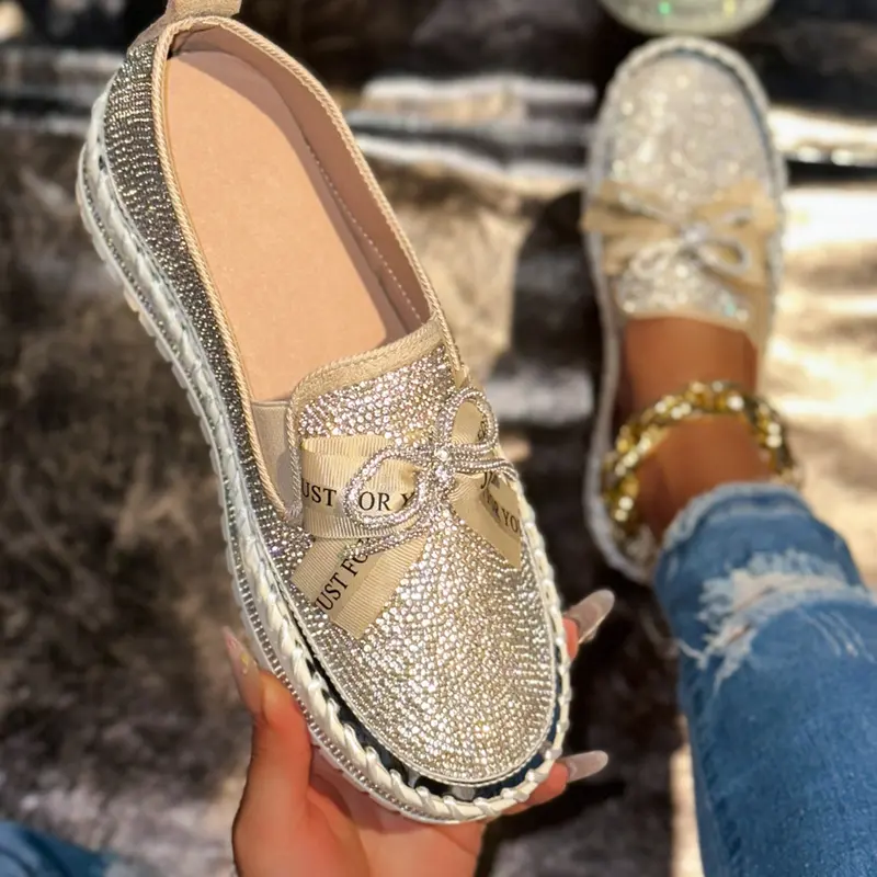 Rhinestone Bow Decoration, Sequin Thick Sole Platform, European and American Style Streetwear, Lazy Person Shoes, Women Flatform, Slip On Footwear