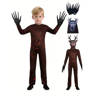 3-10Y Boys' 99-Nights Deer Monster Costume - Full-Zip + Antler Ears/Red Eyes| Tight-Fit| Halloween/Role-Play