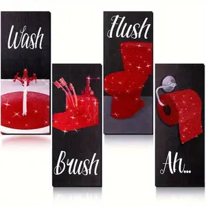 Bathroom Theme Wooden Wall Art, 4 Counts/set Brush Wash Flush Bathroom Letter Pattern Wall Decor, Wall Art Decor for Home Bathroom, Ornaments