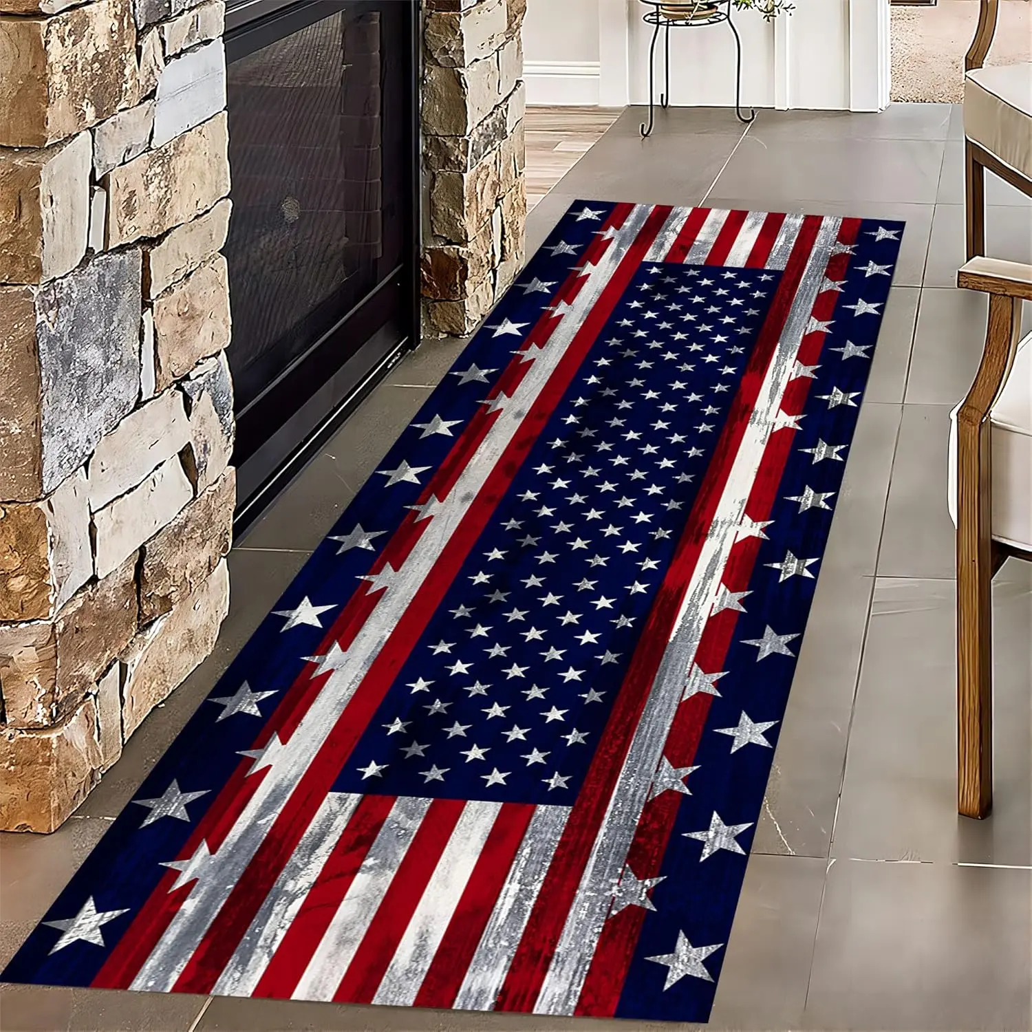 Vintage American Flag Star 250th Independence Day Runner Rug - Runner Size 2.70 x 26 Inches, Non-Slip Washable Floor Matting, Wrinkle Resistant, Heat Transfer, Entryway Decor for Hardwood Floors, Kitchen Household Textile, 1Pc-60X22inch