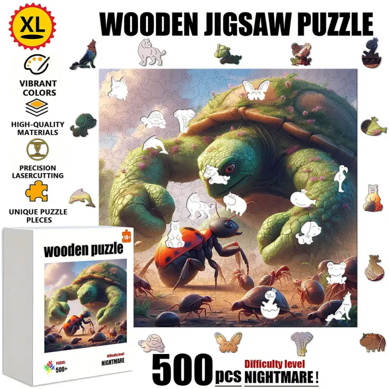 1 Box (500 pcs) Wooden Puzzle: Giant Turtle and Little Insects. The wooden puzzle is durable and not easily damaged, suitable for family entertainment, solo time, leisure on rainy days, and is a perfect home decoration that enhances happiness. It is a won