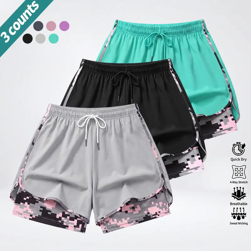 Women's 3-Pack Faux 2-Piece Anti-Exposure Lining High Stretch Fitness Workout Drawstring Shorts, Elastane Quick Dry Fabric, Elastic Waistband, Suitable for Running, Yoga, Outdoor Activities