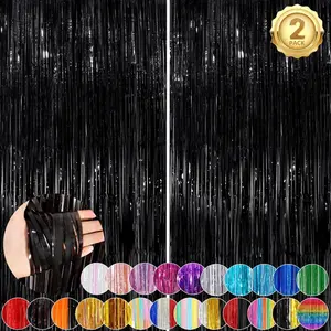 Black Fringe Curtain Party Streamers 2Pack 3.3x8.3 Ft Foil Fringe Backdrop Curtains for Birthday Wedding Bridal Baby Shower Halloween Decor Tinsel Streamers Black Party Decorations Door Streamers