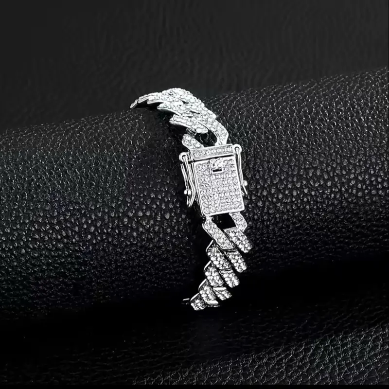 14mm Iced Out Cuban Bracelet, Classic Elegant Costume Jewelry, Cubic Zirconia Cable Chain, Polished Steel Fashion Accessory