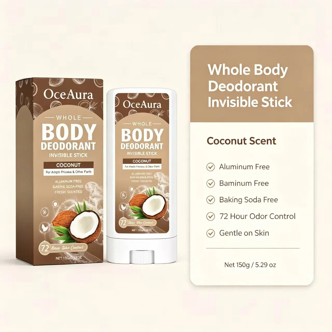 Coconut fragrance invisible high-performance all-over deodorant stick | Free of aluminum, non-greasy, suitable for sweaty areas of the body
