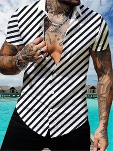 Men'S Summer Short Sleeve Casual Button- Shirt, Loose Fit, Slight Stretch, Lapel Collar, Printed, Striped, Breathable, Comfortable, Versatile Weekend Wear for Adults