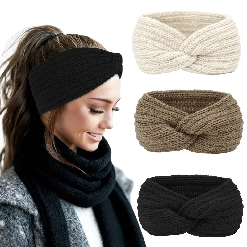 [Christmas Gift]Triple Knot Warmth Ribbed Knit Headband Set-3pcs (color-1, Standard)