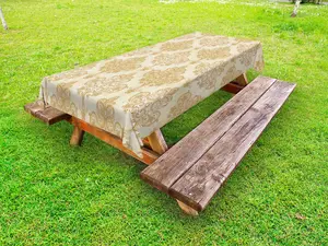 Ivory Outdoor Tablecloth, Vintage Baroque Pattern with Curved Flower Lines Rococo Style Ornate Art, Decorative Washable Picnic Table Cloth, 58" X 120", Cream Pale Brown