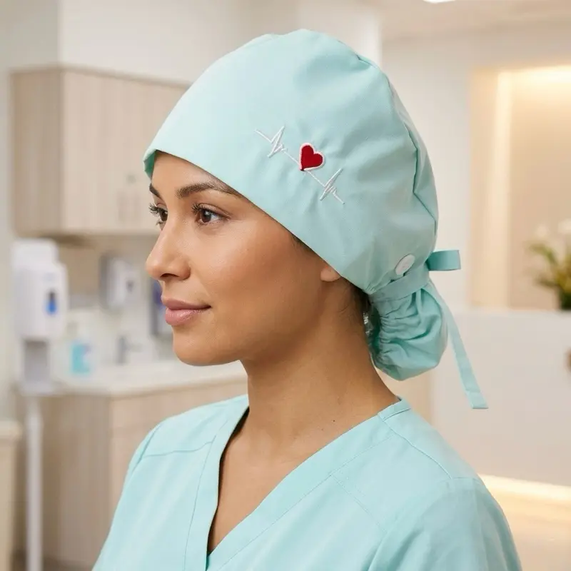 Surgical Scrub Cap Nurse Uniform Hat Plain Color with Embroidered EKG Heart Design for Medical Professionals
