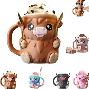 New Ice Cream Cup Holder Mug, Cow Shape Design, Includes Freezer Handle & Two Spoons, Ideal Gift for Ice Cream Lovers, Funny Gift Mug