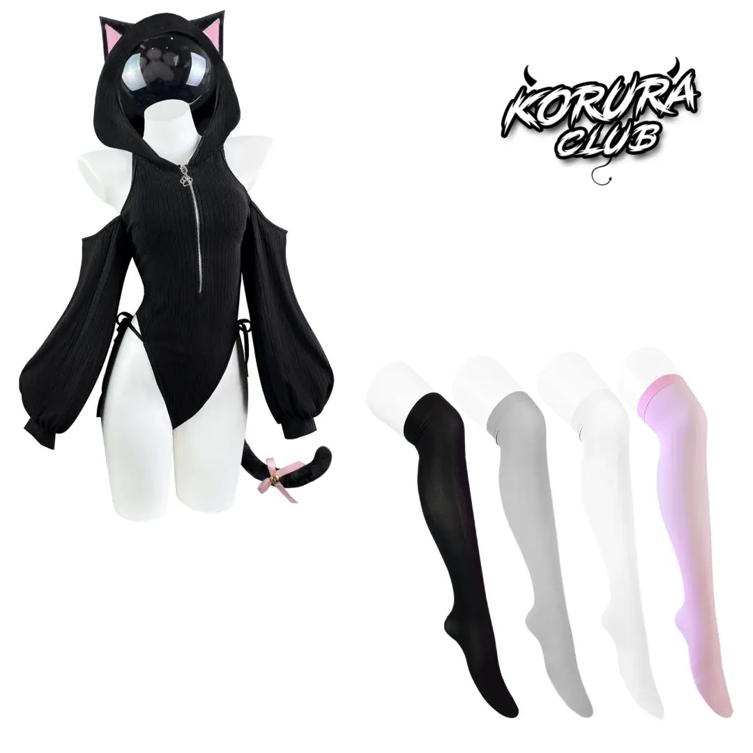 KORURACLUB SR05 Women's Plus Size Cute Bodysuit Bundle - 4 Pairs of Stockings, Cat Ears & Tail, Halloween Costumes & Accessories, Bodysuit For Women