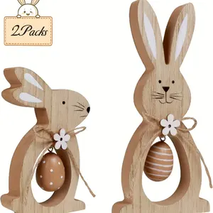 Set of 2 Easter Home Decorations Featuring Rustic Wooden Bunnies with Eggs, Perfect for Tiered Trays. Ideal for Celebrating Spring Indoors, These Decorations Are Great for Parties And Make Wonderful Easter Gifts. Ornaments Multicolor