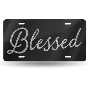 Blessed Glitter Front License Plate, 6x12 in Christian Religious Sparkle Aluminum Funny Vanity Tag Cover with 4 Holes, Car Accessories & Car Stuff for Truck, SUV, Cars Accessories
