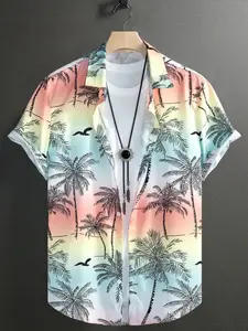 Men's Tropical Sunset Hawaiian Shirt, Short Sleeve Lapel Shirt With Palm Tree And Seagull Print, Lightweight Casual Beachwear, Suitable For Vacation And Summer Outings